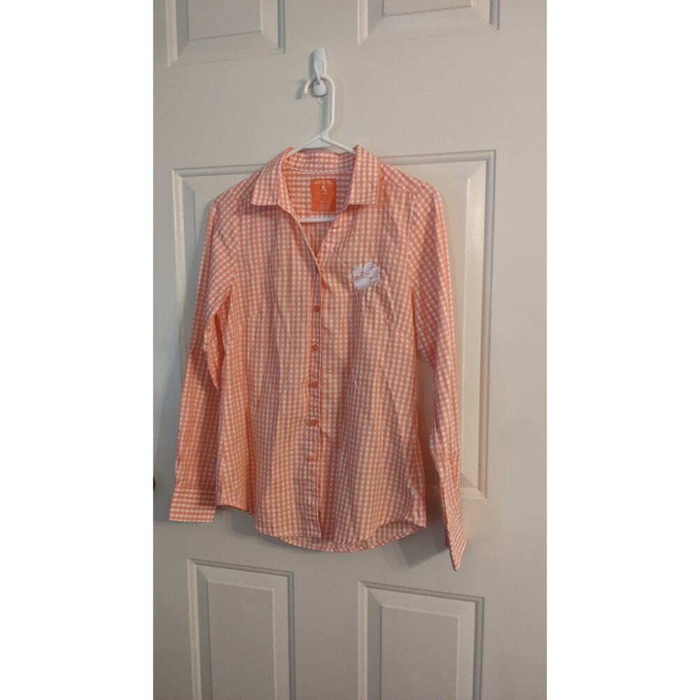 Clemson Women's Antigua Gingham Butron Down Shirt, Small